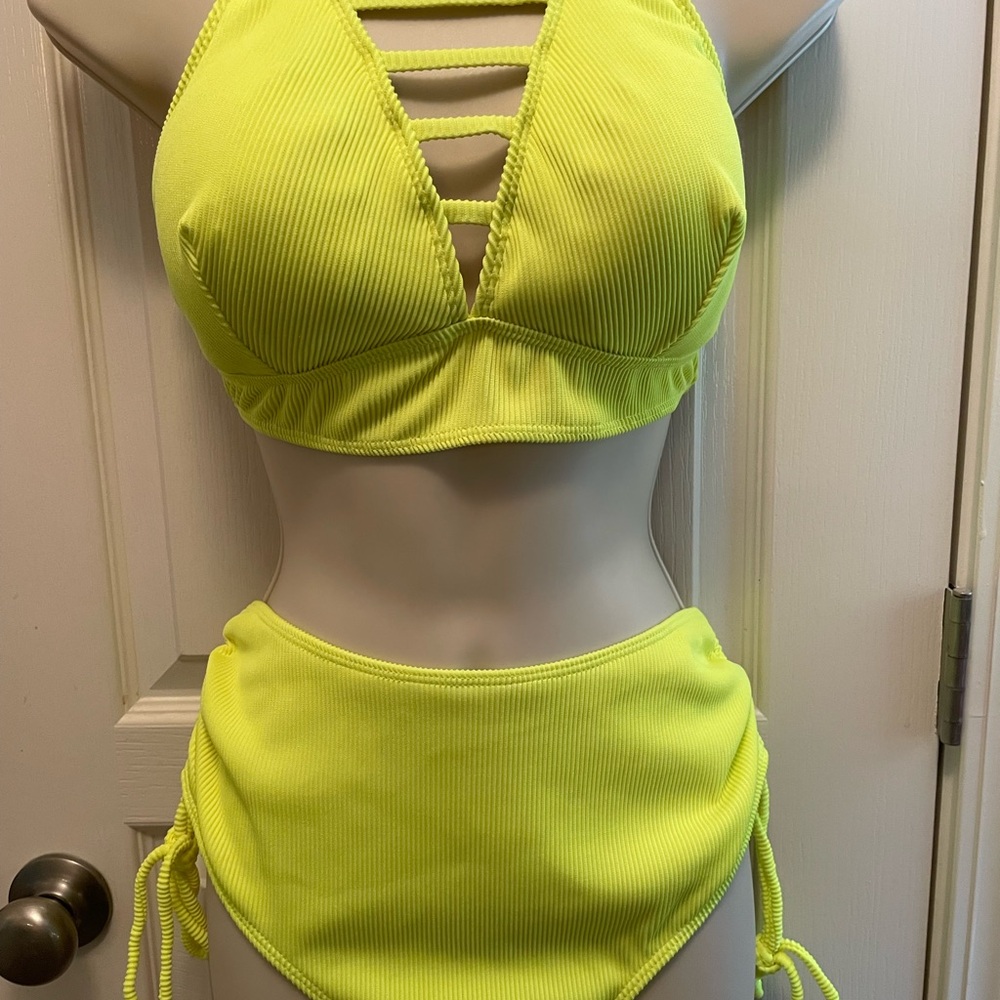Vibrant Yellow Halter Bikini Set with High-Waisted Bottoms - New